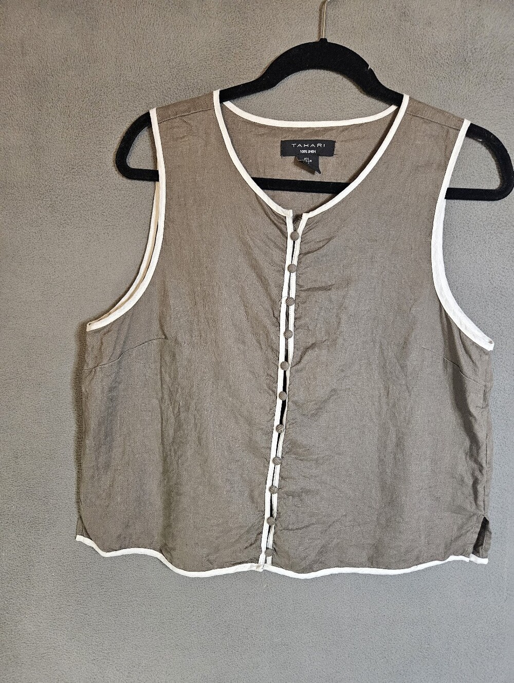 Tahari Womens Large Tank Top Shirt 100% Linen Brown Buttons Coastal Old Money